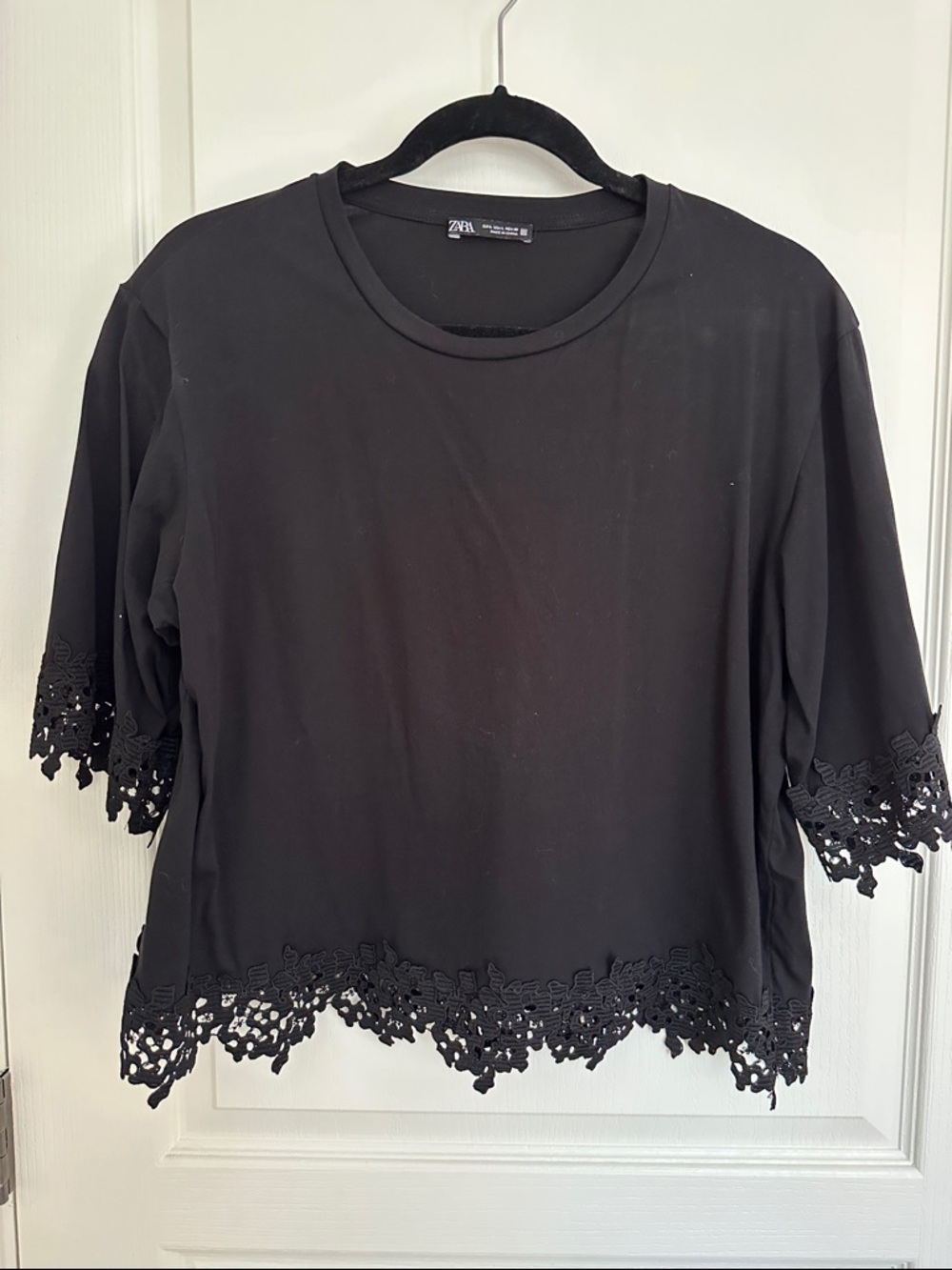 Zara Black Short Sleeve Top with Lace Hem & Sleeve Detail